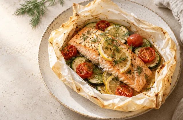 Pavé de saumon en papillote avec courgette, tomates, citron et aneth