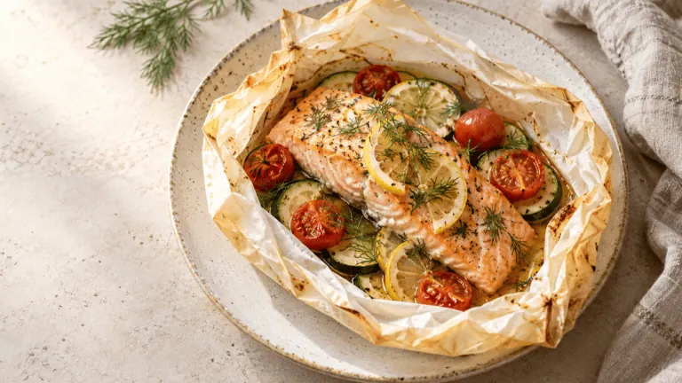 Pavé de saumon en papillote avec courgette, tomates, citron et aneth