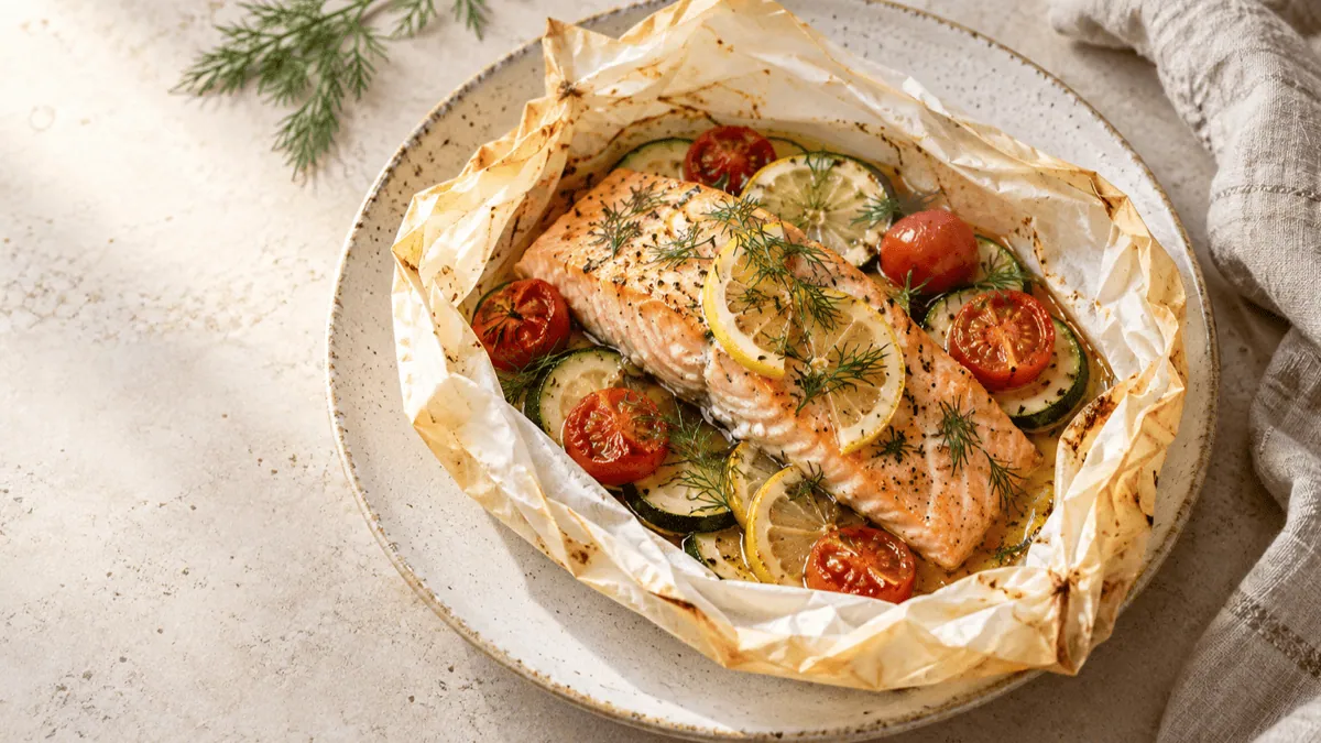 Pavé de saumon en papillote avec courgette, tomates, citron et aneth