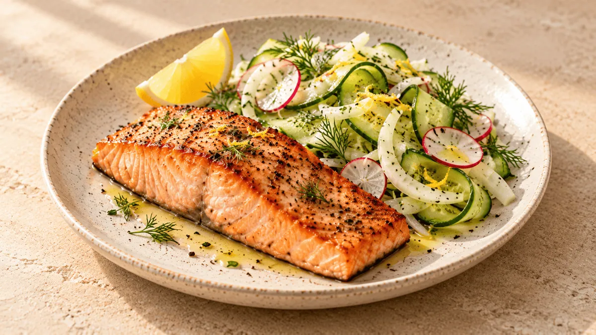 Saumon grillé accompagné de concombre fenouil radis et citron