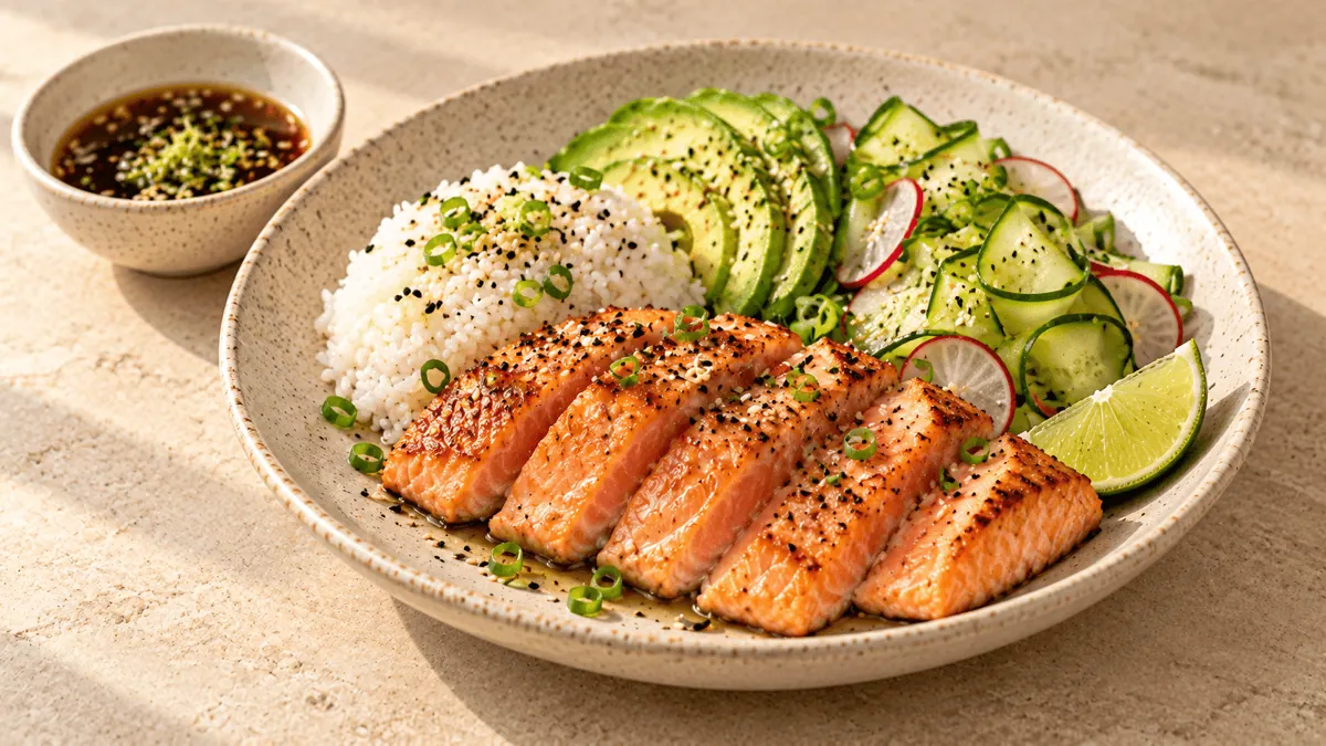 Saumon mi-cuit avec riz vinaigré avocat concombre et radis