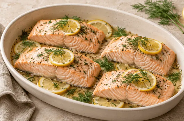 Pavés de saumon au citron et à l’aneth dans un plat en céramique
