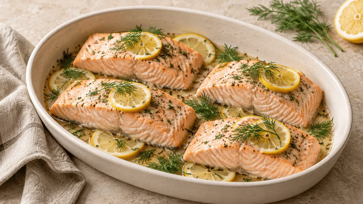 Pavés de saumon au citron et à l’aneth dans un plat en céramique