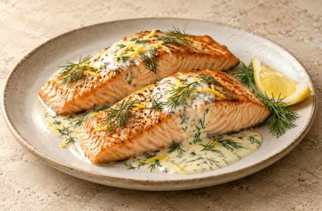 Pavés de saumon poêlés avec sauce crème citron et aneth