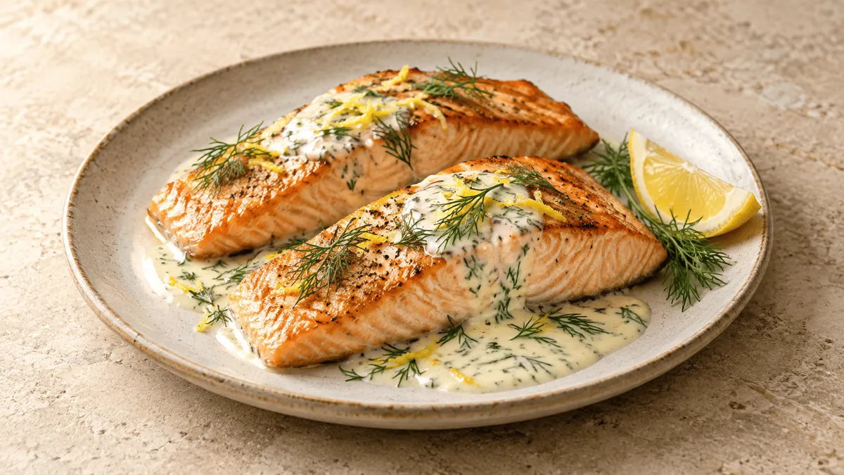 Pavés de saumon poêlés avec sauce crème citron et aneth