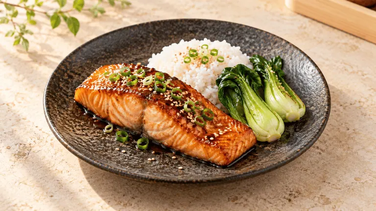 Pavé de saumon teriyaki laqué avec riz, pak choï, sésame et ciboule