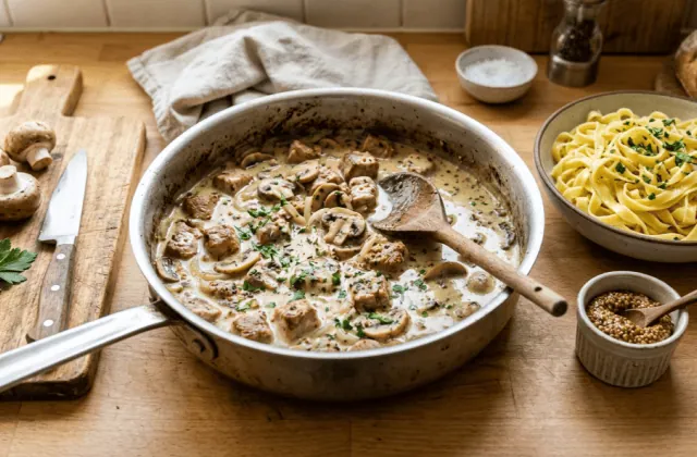 Sauté de porc à la moutarde et aux champignons en sauteuse, sauce crémeuse aux graines de moutarde, tagliatelles