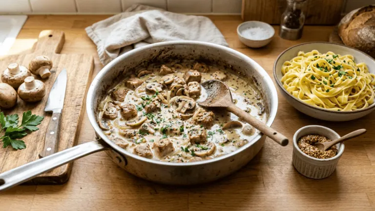 Sauté de porc à la moutarde et aux champignons en sauteuse, sauce crémeuse aux graines de moutarde, tagliatelles