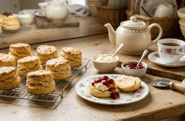 Scones maison sur une grille, scones ouverts garnis de clotted cream et confiture de fraises, théière et tasse fleurie