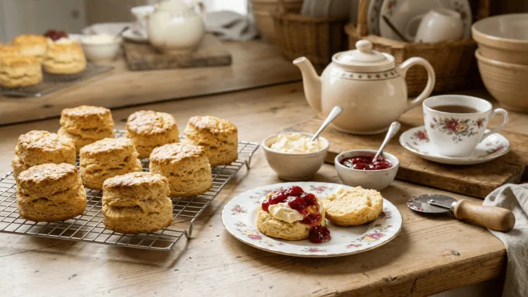 Scones maison sur une grille, scones ouverts garnis de clotted cream et confiture de fraises, théière et tasse fleurie