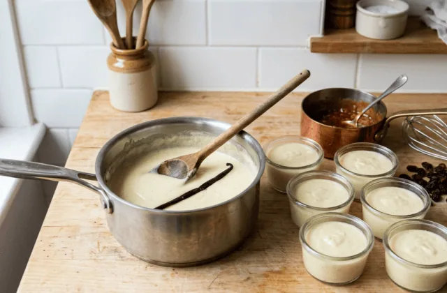 Semoule au lait vanillée maison tout juste cuite dans sa casserole, ramequins remplis et caramel