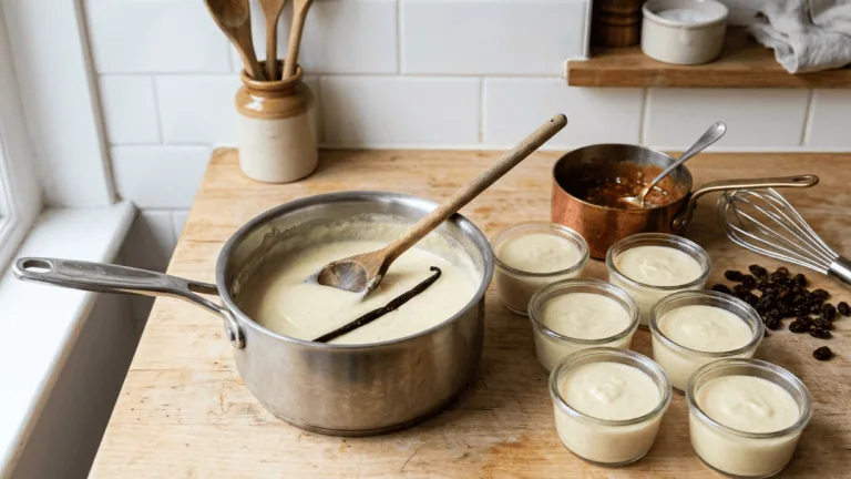 Semoule au lait vanillée maison tout juste cuite dans sa casserole, ramequins remplis et caramel