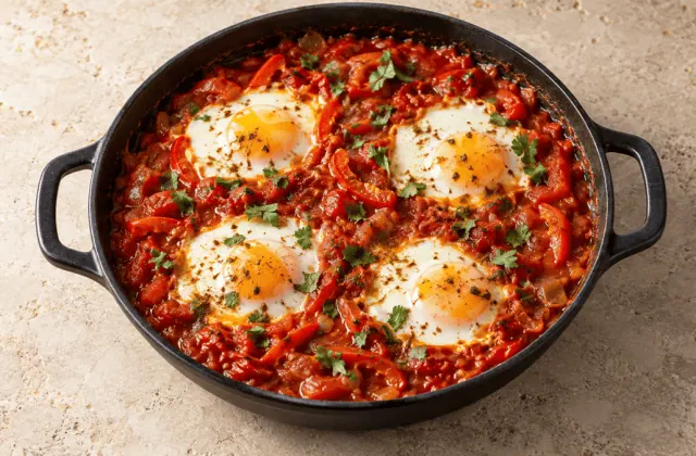 Shakshuka aux tomates, poivrons et quatre œufs pochés