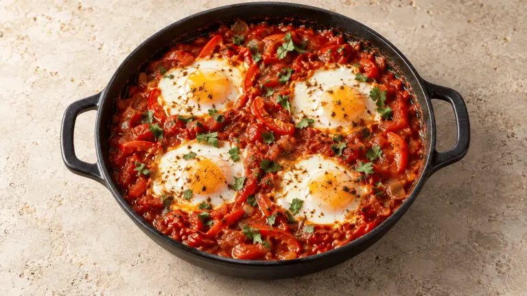 Shakshuka aux tomates, poivrons et quatre œufs pochés