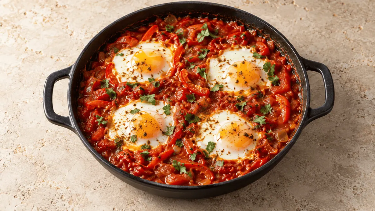 Shakshuka aux tomates, poivrons et quatre œufs pochés