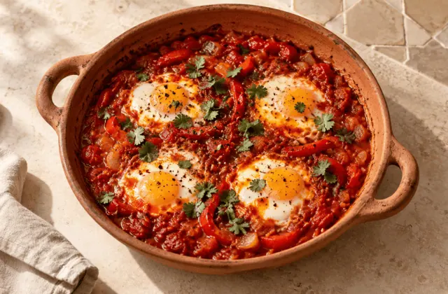 Shakshuka aux œufs, tomates et poivrons