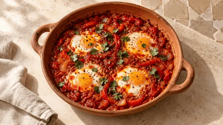 Shakshuka aux œufs, tomates et poivrons