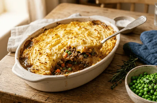 Shepherd’s pie à l’agneau gratiné, purée dorée aux sillons, portion servie montrant la farce d’agneau et petits pois