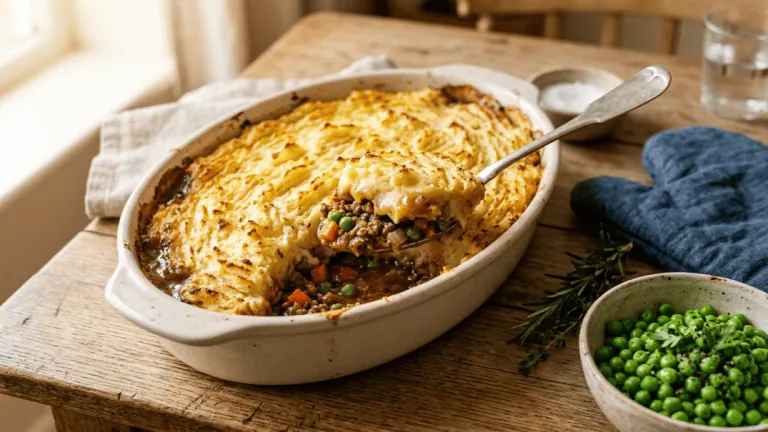 Shepherd’s pie à l’agneau gratiné, purée dorée aux sillons, portion servie montrant la farce d’agneau et petits pois