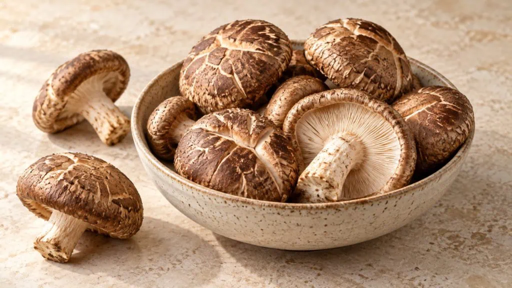 Champignons shiitake frais dans un bol en grès