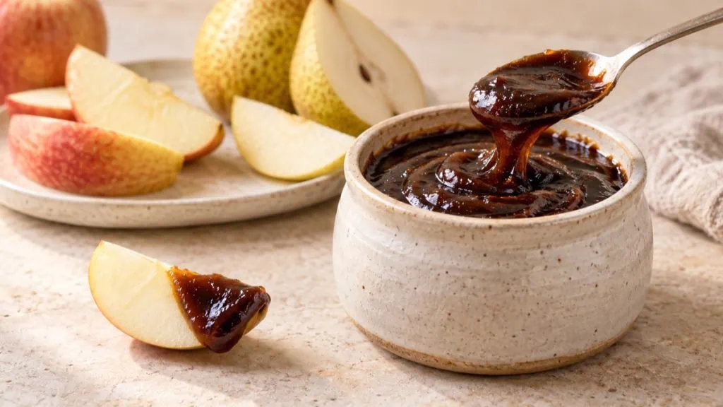 Sirop de Liège épais dans un pot en grès avec pommes et poires