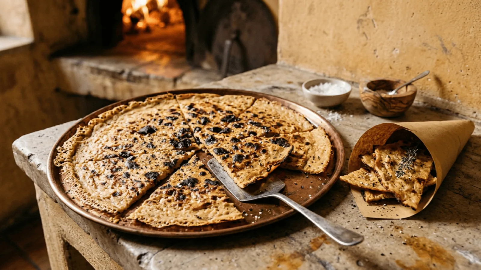 Socca niçoise sur sa plaque en cuivre, galette fine de pois chiche tachée par le four à bois, découpée et poivrée, avec un cornet de parts