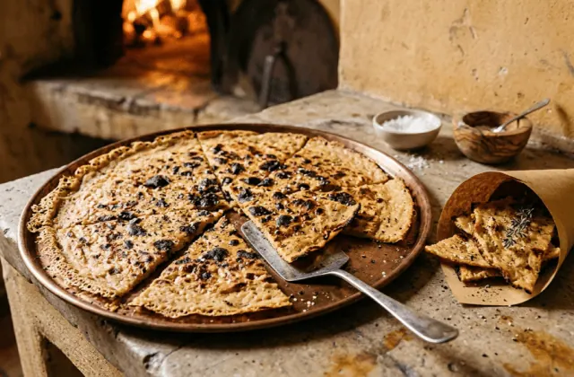 Socca niçoise sur sa plaque en cuivre, galette fine de pois chiche tachée par le four à bois, découpée et poivrée, avec un cornet de parts