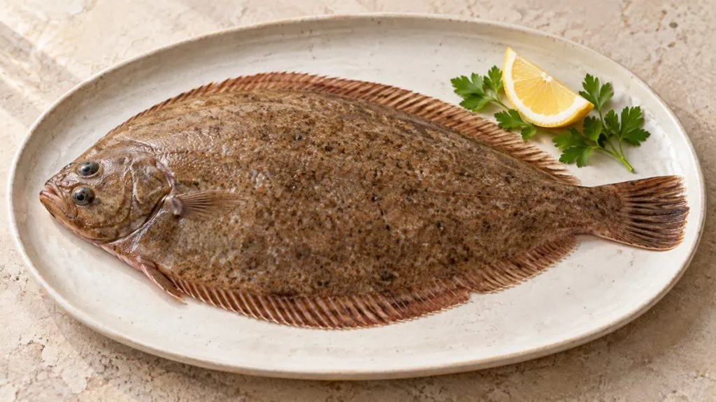 Sole fraîche entière sur une assiette en grès
