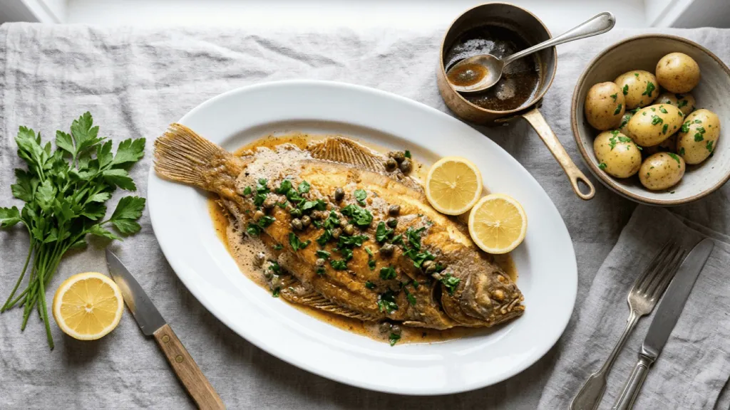 Sole meunière maison au beurre noisette sur un plat ovale, avec citron, persil et pommes de terre vapeur