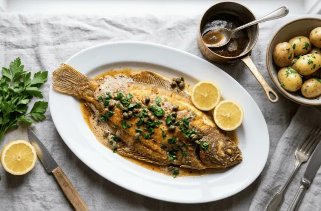 Sole meunière maison au beurre noisette sur un plat ovale, avec citron, persil et pommes de terre vapeur