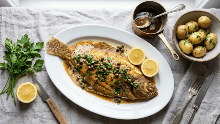 Sole meunière maison au beurre noisette sur un plat ovale, avec citron, persil et pommes de terre vapeur