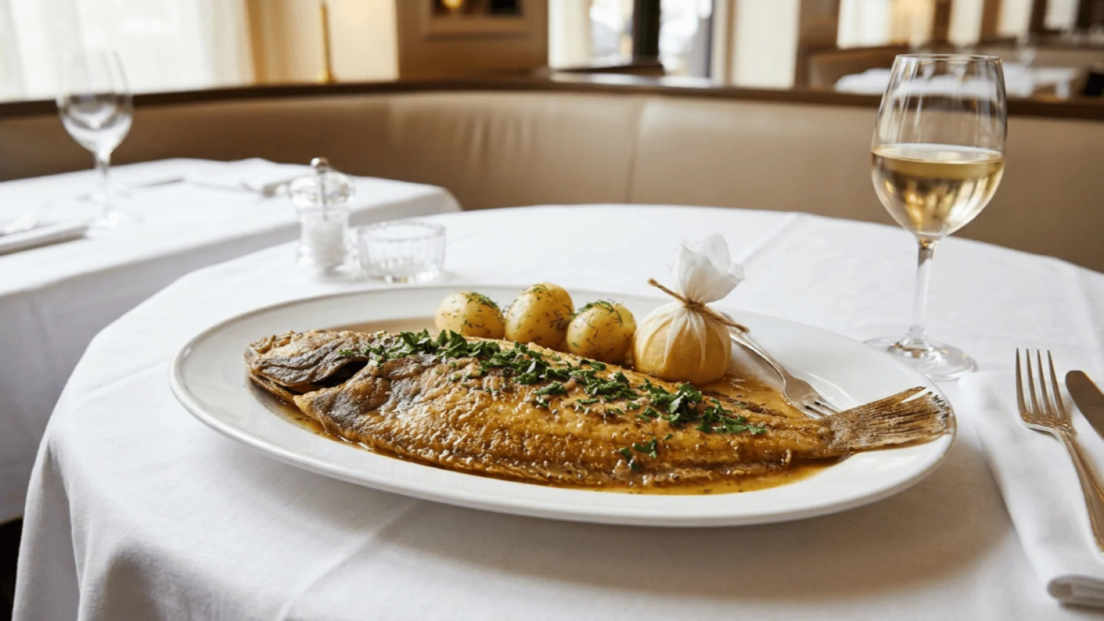 Sole meunière dorée nappée de beurre noisette au persil, avec pommes vapeur et citron en mousseline, dans une brasserie