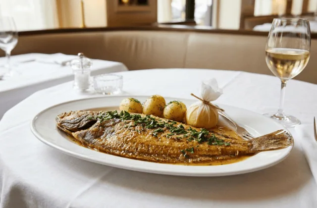 Sole meunière dorée nappée de beurre noisette au persil, avec pommes vapeur et citron en mousseline, dans une brasserie