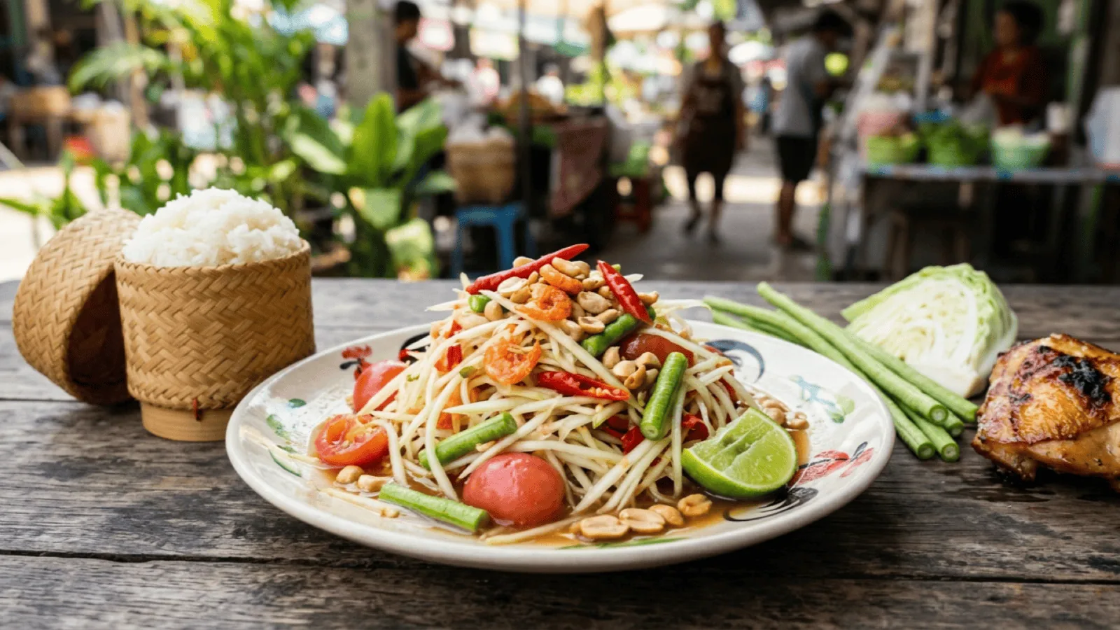 Assiette de som tam : papaye verte râpée, tomates cerises, haricots kilomètre, cacahuètes, crevettes séchées et piment, avec riz gluant et poulet grillé