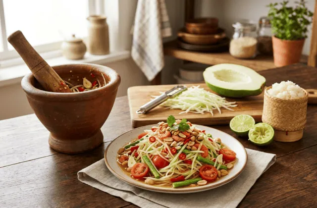 Som tam thaï maison sur une assiette à côté du mortier, papaye verte râpée, citrons verts et riz gluant
