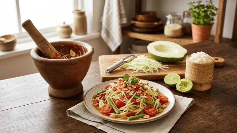 Som tam thaï maison sur une assiette à côté du mortier, papaye verte râpée, citrons verts et riz gluant