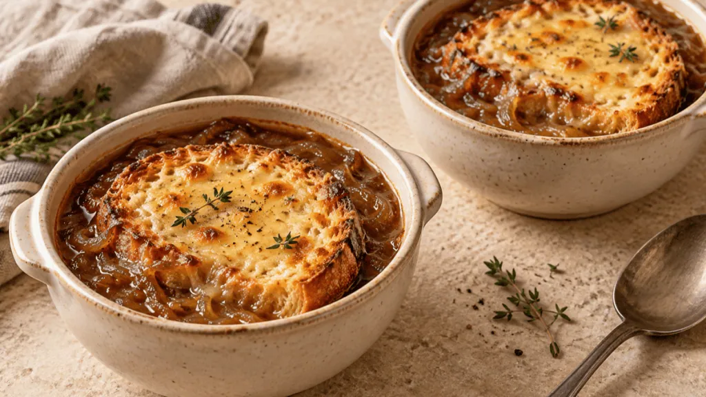 Soupe à l’oignon caramélisé gratinée au pain et au fromage