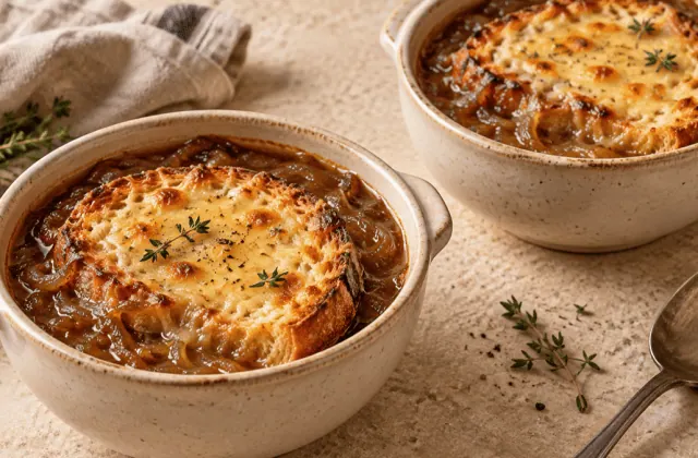 Soupe à l’oignon caramélisé gratinée au pain et au fromage