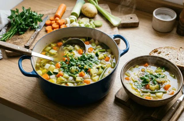 Soupe de légumes maison en cocotte : carottes, poireaux, pommes de terre, courgettes et haricots verts, bol servi et pain