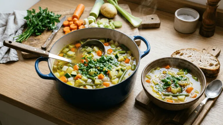Soupe de légumes maison en cocotte : carottes, poireaux, pommes de terre, courgettes et haricots verts, bol servi et pain