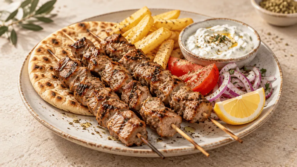 Brochettes de souvlaki de porc grillées avec pita, tzatziki, tomate, oignon rouge, citron et frites