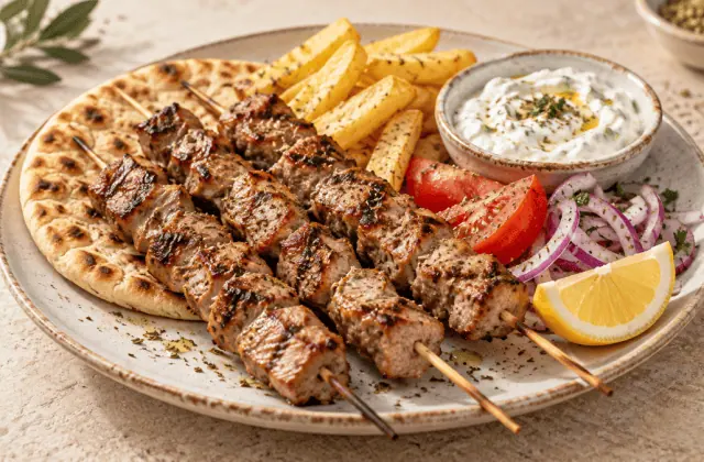 Brochettes de souvlaki de porc grillées avec pita, tzatziki, tomate, oignon rouge, citron et frites