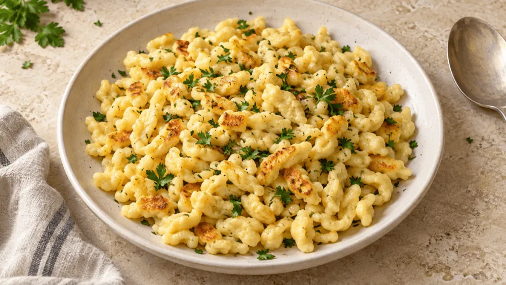 Spaetzle alsaciens maison poêlés au beurre et parsemés de persil
