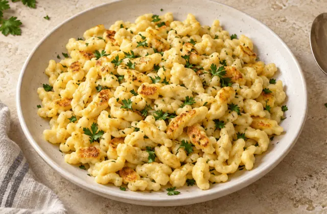 Spaetzle alsaciens maison poêlés au beurre et parsemés de persil