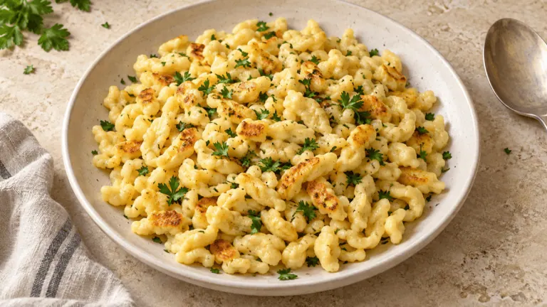 Spaetzle alsaciens maison poêlés au beurre et parsemés de persil