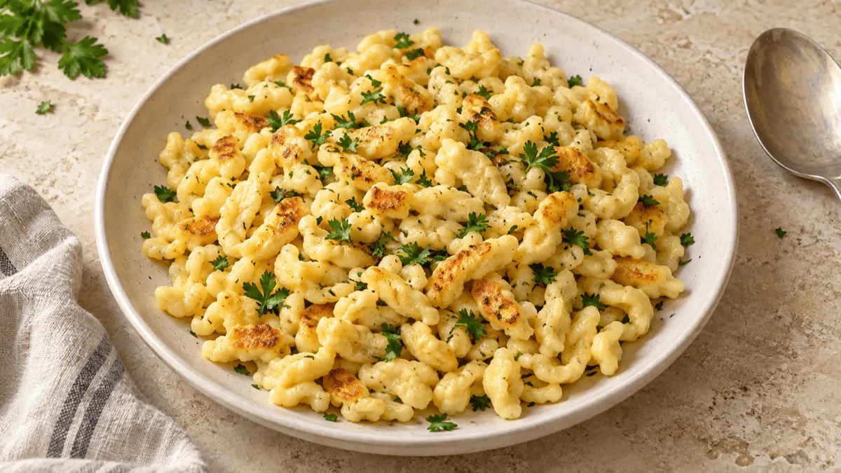 Spaetzle alsaciens maison poêlés au beurre et parsemés de persil
