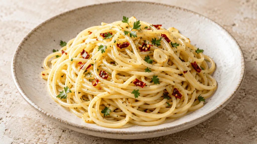Spaghetti aglio e olio avec ail blond, piment et persil