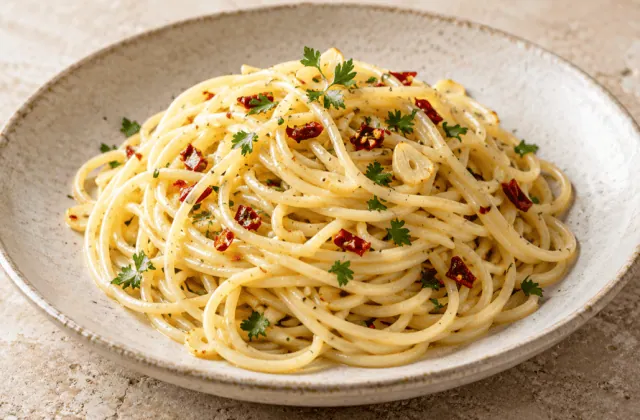 Spaghetti aglio e olio avec ail blond, piment et persil