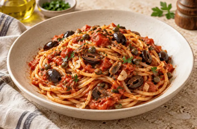 Spaghetti alla puttanesca aux tomates, olives, câpres et anchois