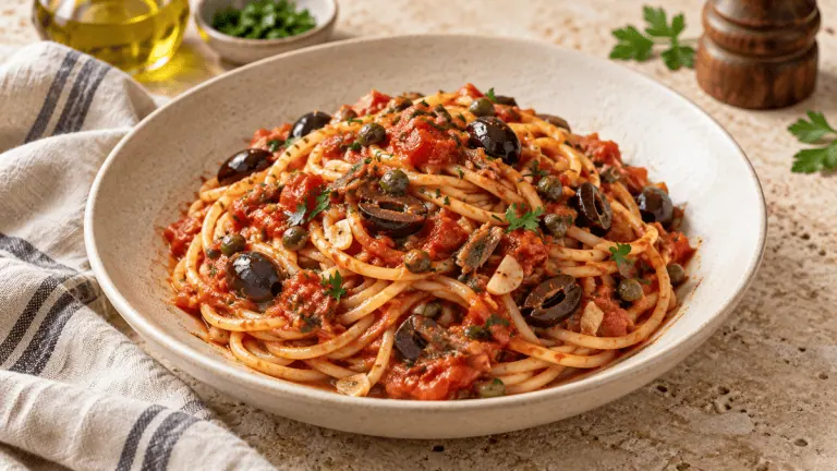 Spaghetti alla puttanesca aux tomates, olives, câpres et anchois